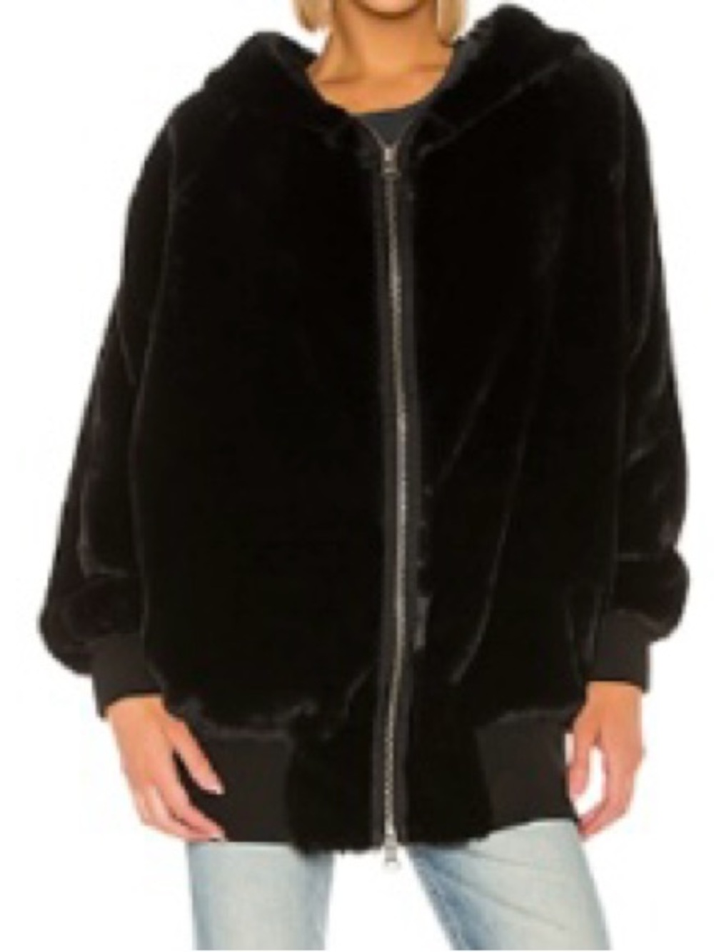 Free People Black Faux Fur Hooded Zip Jacket